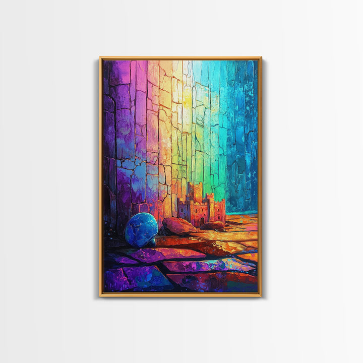 Tiny Castle And Blue Ball In Rainbow Light Framed Canvas Print, Abstract Wall Art, Colorful Decor, Whimsical Fantasy Gift
