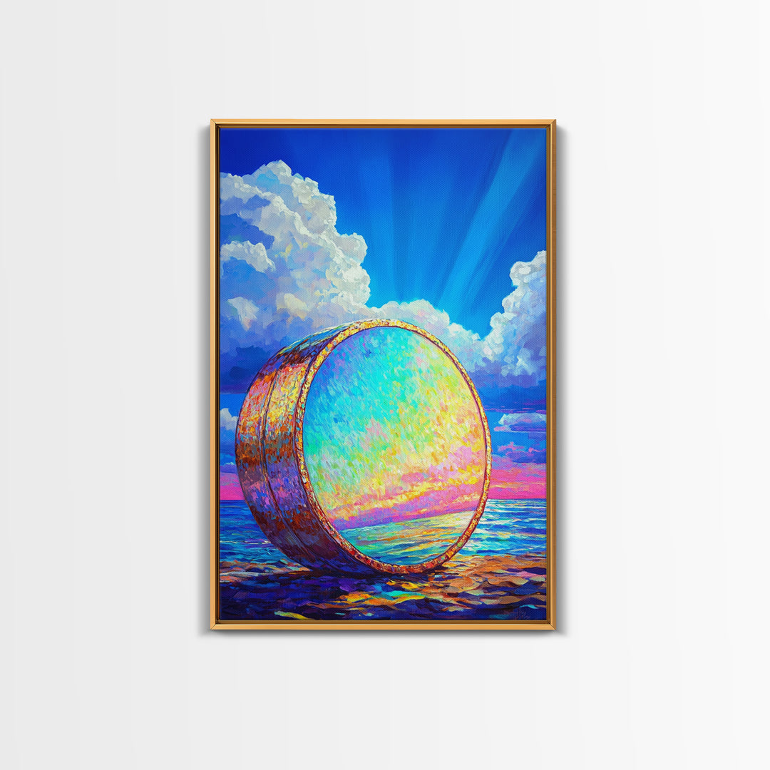 Iridescent Ocean Drum Under Blue Sky Canvas Print, Coastal Wall Art, Music Room Decor, Seascape Art Print, Colorful Gift