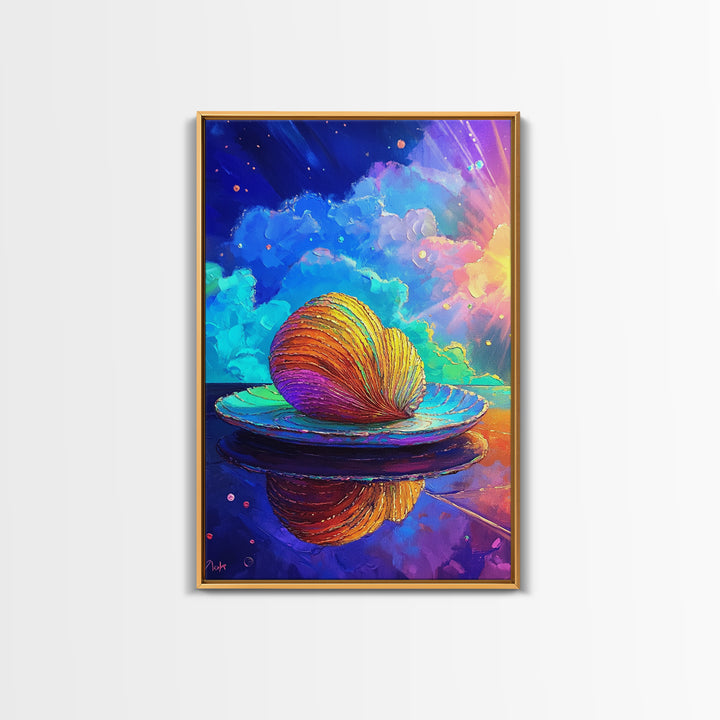 Rainbow Seashell On Reflective Plate Wall Art, Coastal Canvas Print, Ocean Decor, Beach House Gift, Colorful Seascape Art