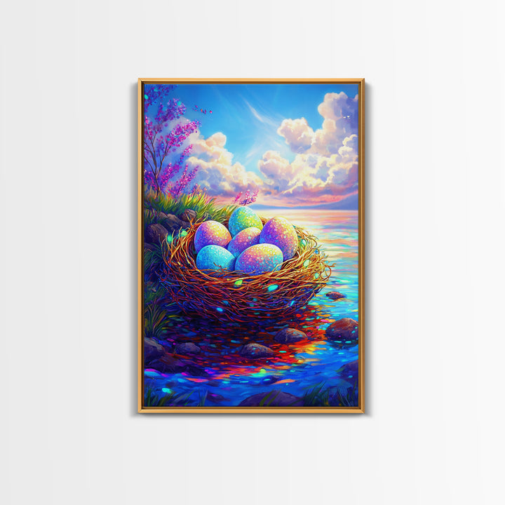 Pastel Eggs In Seaside Nest Wall Art, Colorful Coastal Canvas Print, Easter Nursery Decor, Whimsical Housewarming Gift