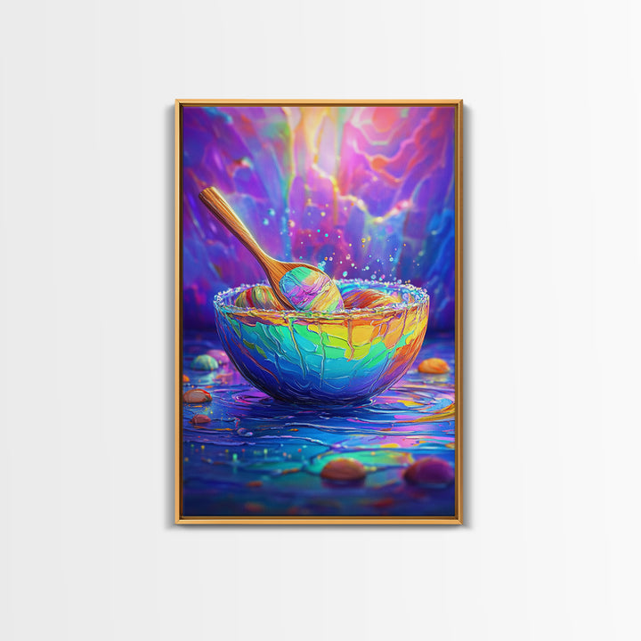Rainbow Bowl And Spoon Canvas Print, Colorful Kitchen Still Life Painting, Dopamine Decor, Whimsical Wall Art, Foodie Gift