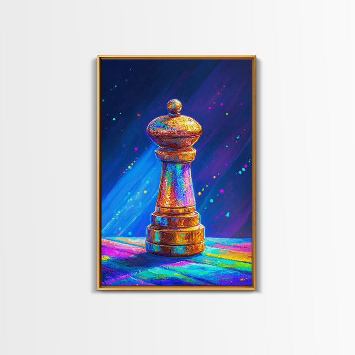 Glowing Rainbow Chess Piece Framed Canvas Print, Game Room Art, Masculine Office Decor, Modern Wall Art, Home Office Decor, Gift For Him