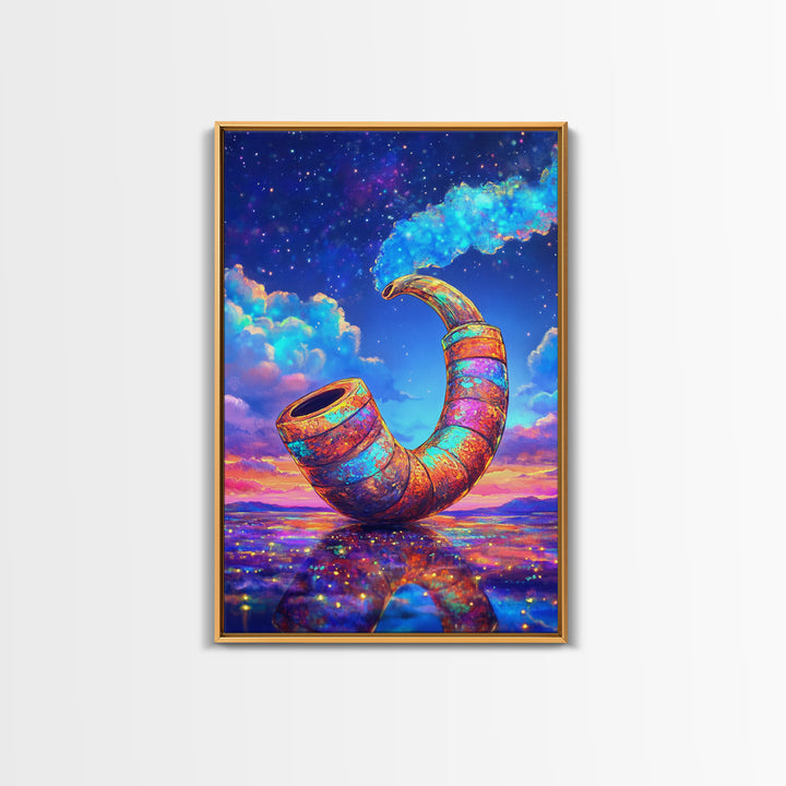 Cosmic Rainbow Smoking Pipe Framed Canvas Print, Surreal Wall Art, Psychedelic Space Decor, Colorful Statement Wall Art