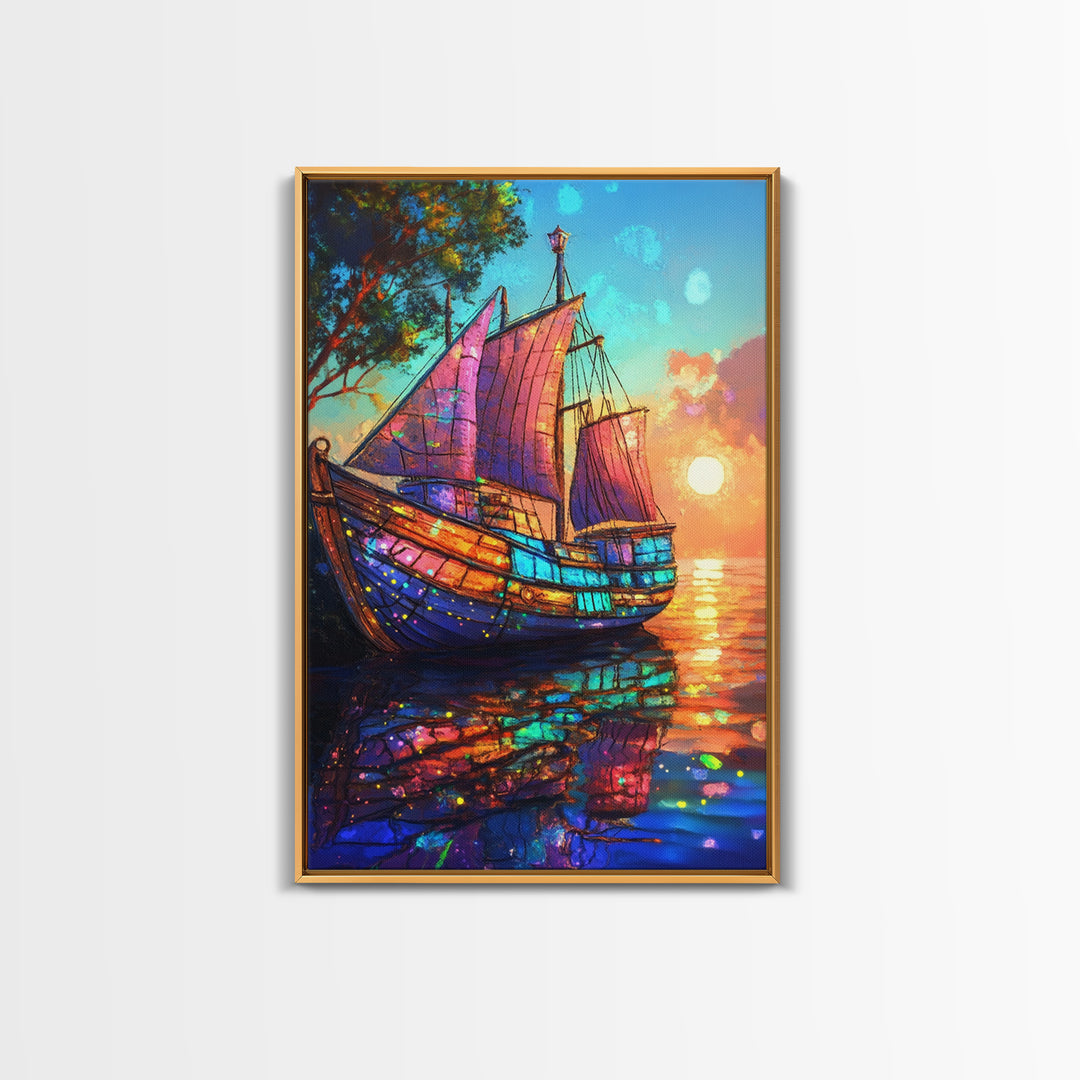 Stained Glass Sailboat At Sunset Canvas Print, Coastal Wall Art, Nautical Decor, Ocean Seascape Living Room Wall Art, Beach House Decor