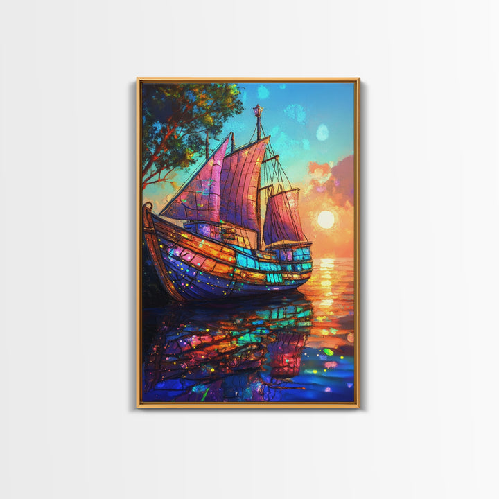 Stained Glass Sailboat At Sunset Canvas Print, Coastal Wall Art, Nautical Decor, Ocean Seascape Living Room Wall Art, Beach House Decor