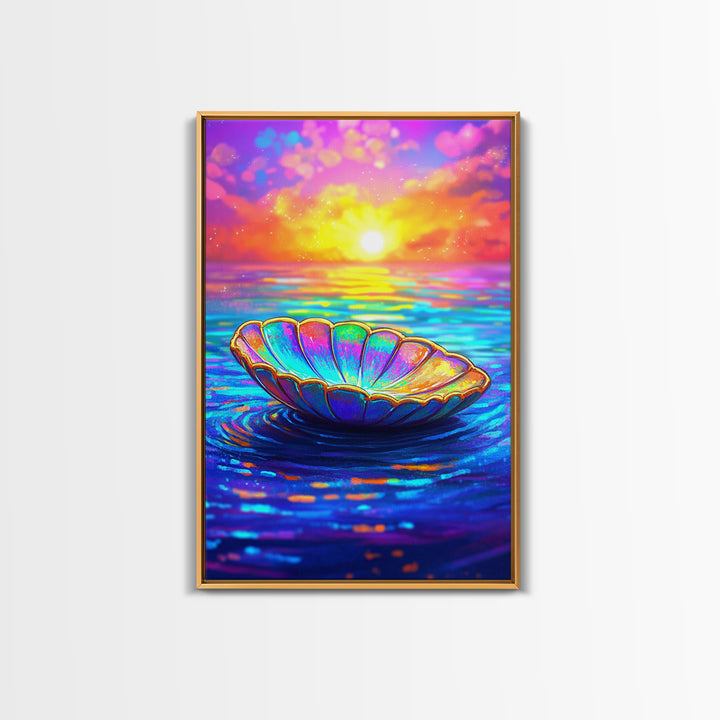Iridescent Shell Bowl At Ocean Sunset Wall Art, Coastal Decor, Beach House Art, Colorful Seascape Canvas Print, Living Room Wall Art