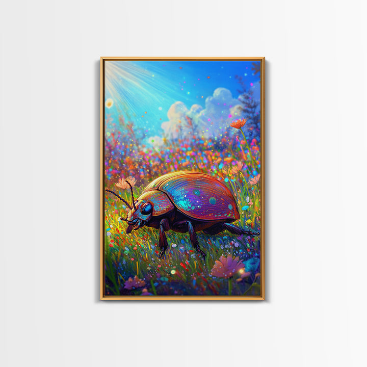 Rainbow Ladybug In Sunlit Wildflower Meadow Canvas Print, Whimsical Animal Art, Nature Wall Art, Bright Colorful Nursery Decor