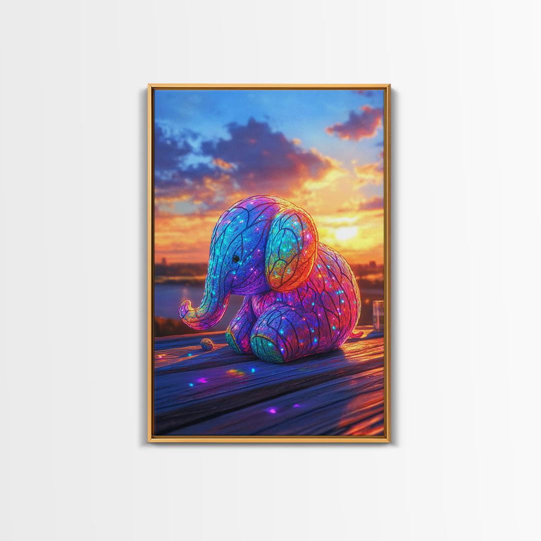 Glowing Rainbow Baby Elephant At Sunset Wall Art, Whimsical Animal Art, Nursery Wall Art, Colorful Kids Room Decor Cute Gift