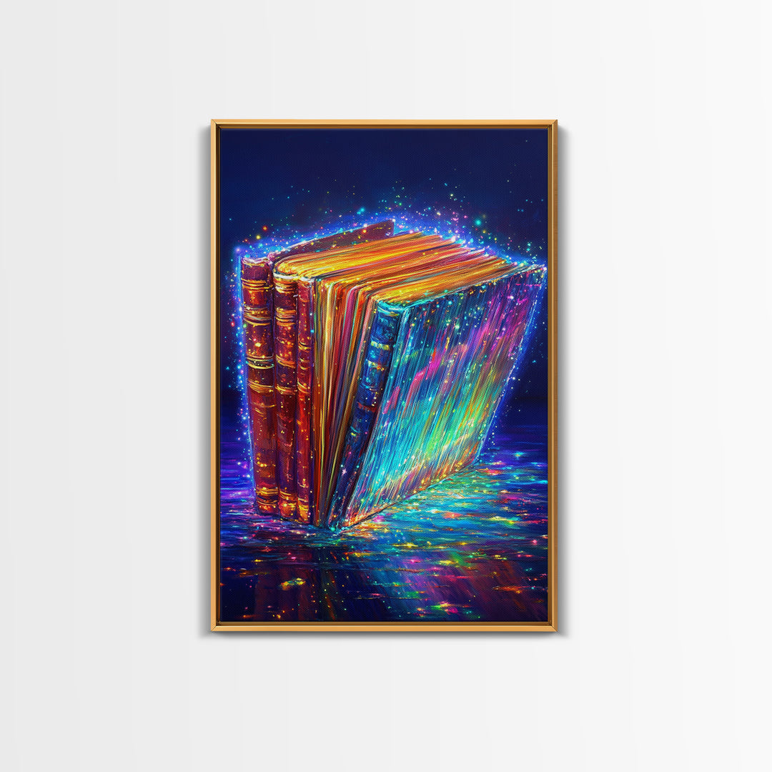 Glowing Rainbow Books With Sparkling Magic Wall Art, Library Decor, Book Lover Gift, Dark Academia, Fantasy Art Print, Home Decor