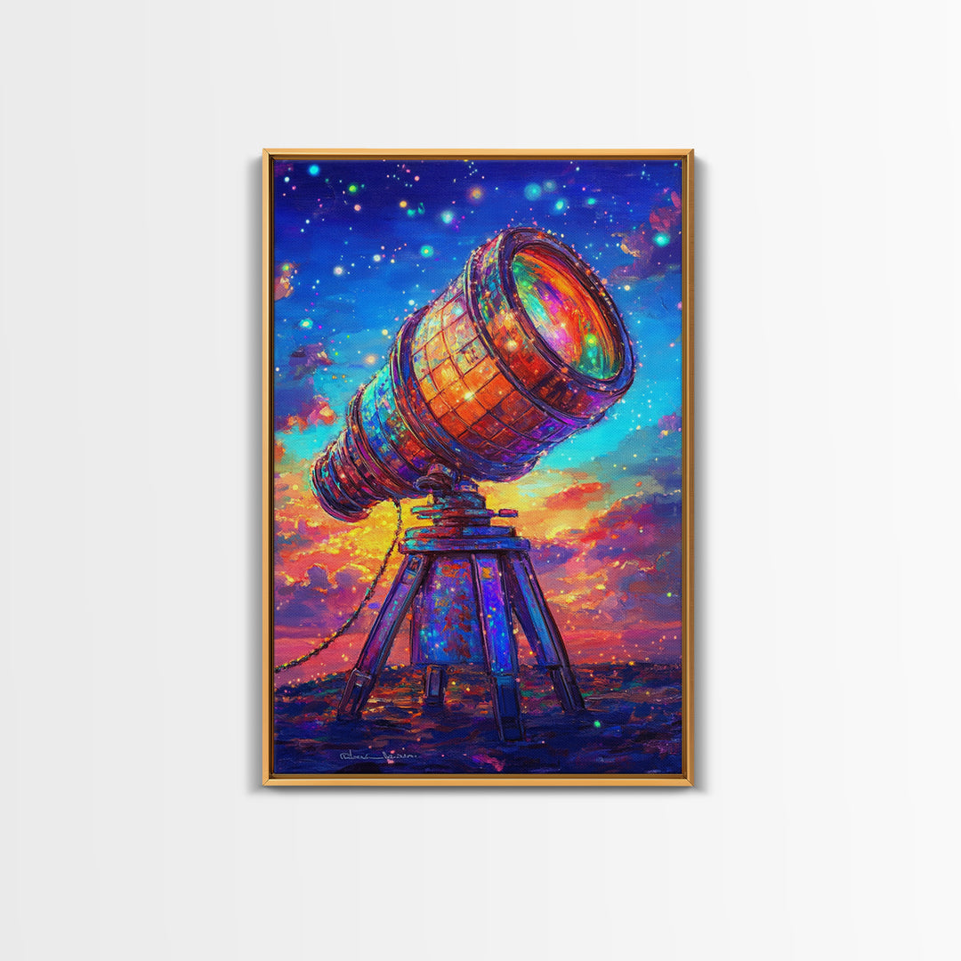 Rainbow Telescope Under Starry Sunset Sky Canvas Print, Astronomy Wall Art, Space Decor, Celestial Art, Gift For Him, Sci Fi Art