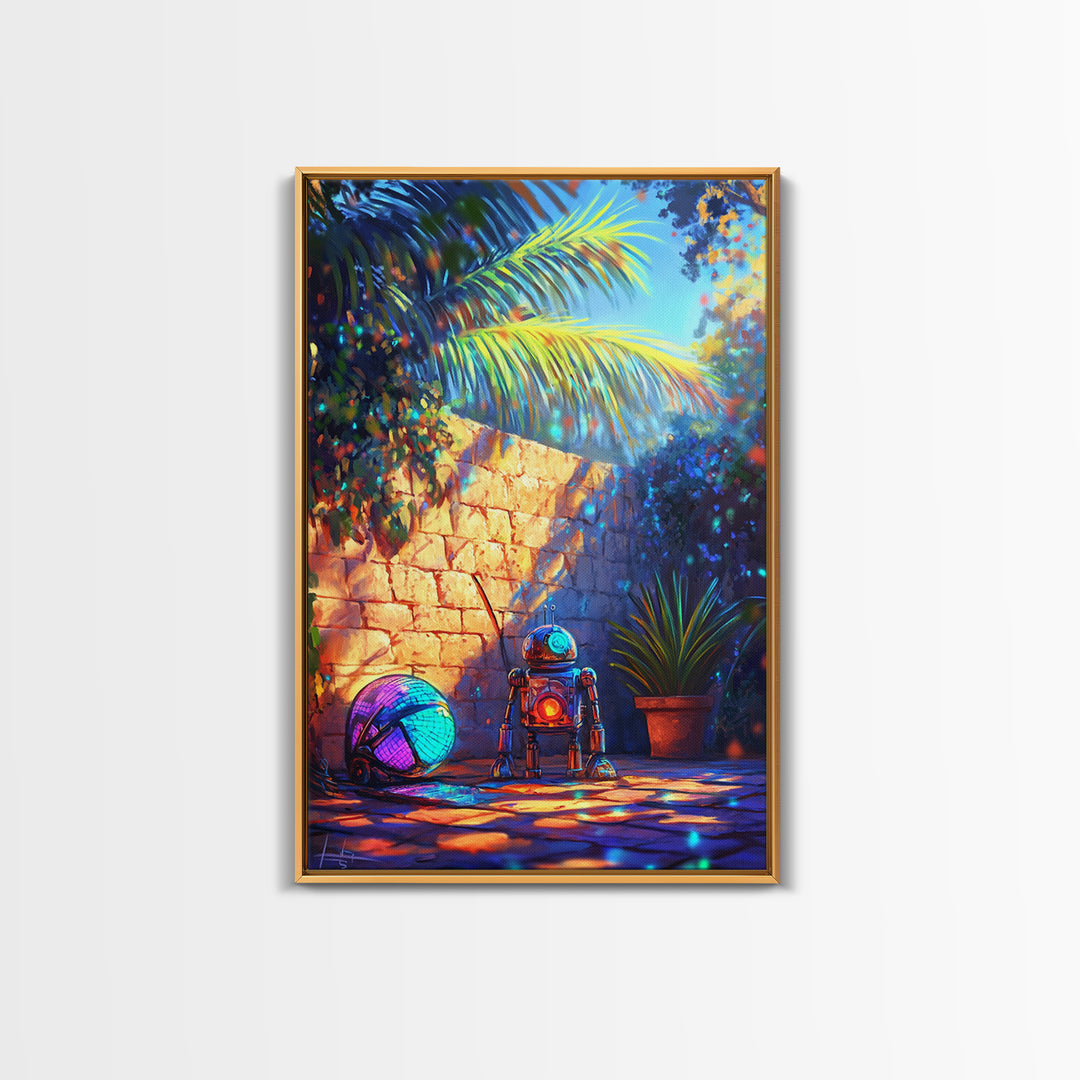 Tiny Robot With Yarn In Tropical Courtyard Canvas Print, Whimsical Sci Fi Wall Art, Futuristic Decor, Kids Room Art, Gift