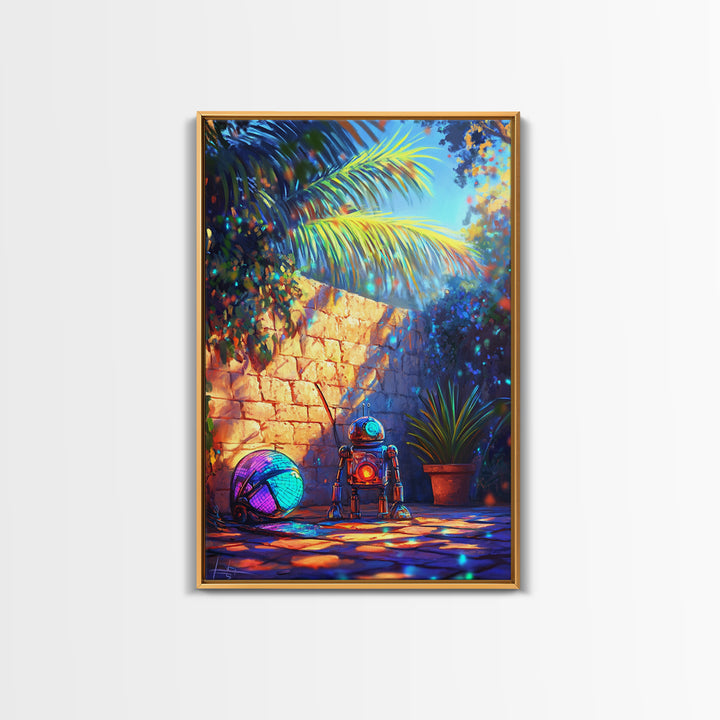 Tiny Robot With Yarn In Tropical Courtyard Canvas Print, Whimsical Sci Fi Wall Art, Futuristic Decor, Kids Room Art, Gift