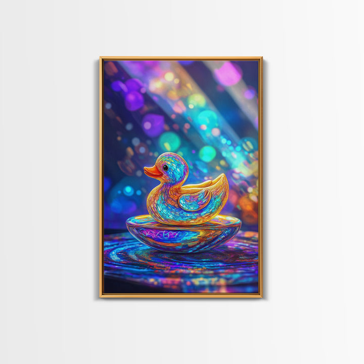 Glowing Rainbow Rubber Duck Canvas Print, Whimsical Animal Wall Art, Cute Bathroom Decor For Kids Room And Nursery Gift