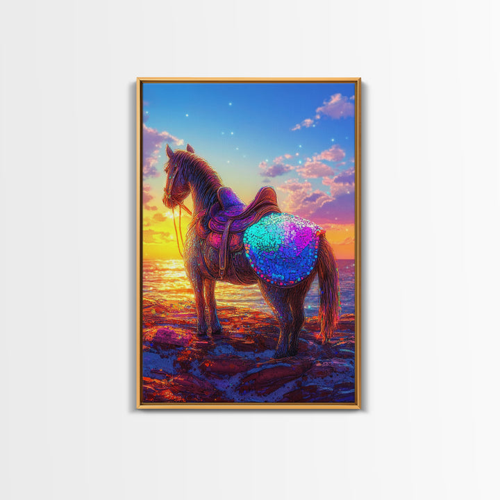 Sunset Horse On Beach Framed Canvas Print, Western Wall Art, Coastal Cowgirl Decor, Equestrian Gift For Horse Lover, Living Room Decor