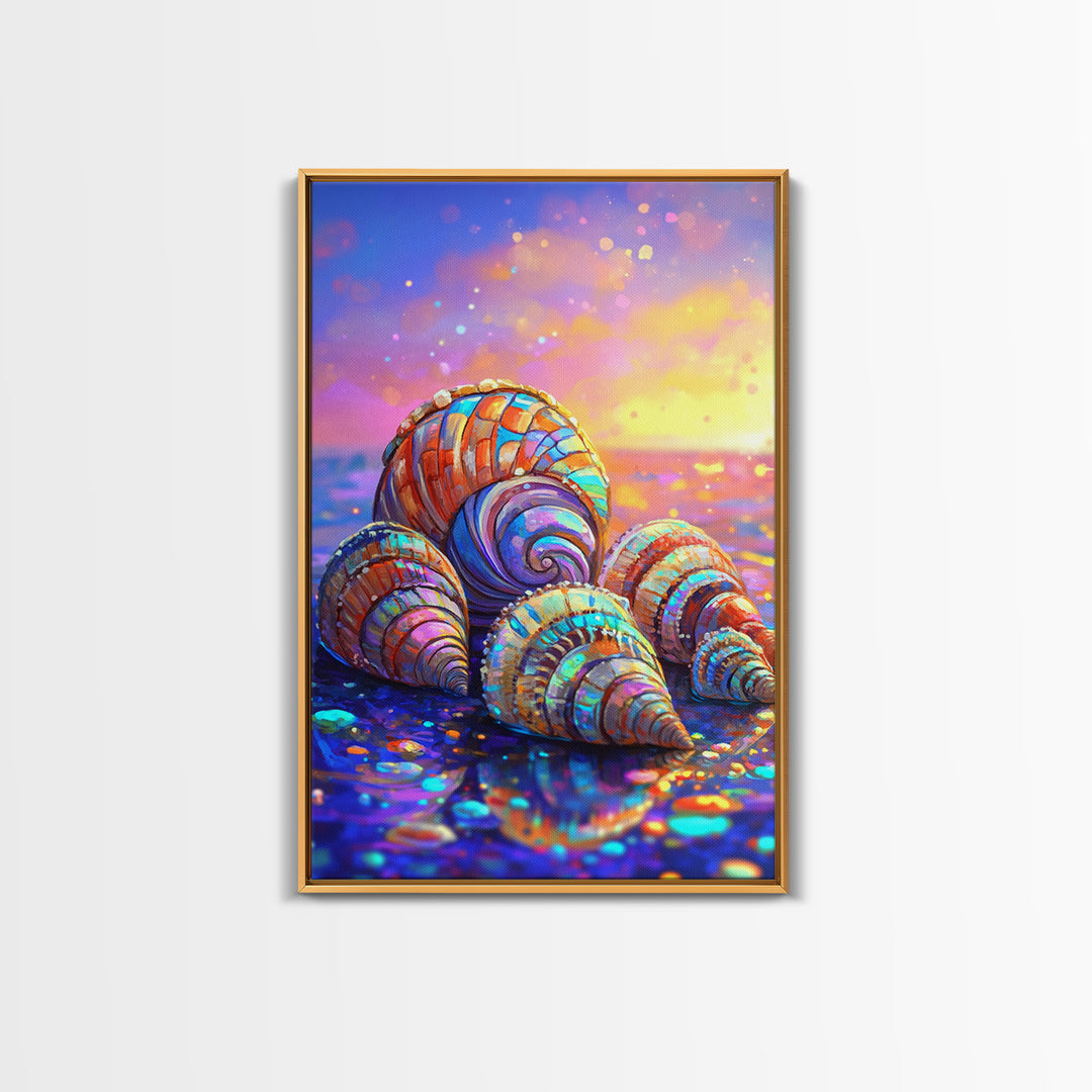 Rainbow Seashells On Sunset Shore Canvas Print, Coastal Wall Art, Beach House Decor, Ocean Wall Decor, Summer Gift For Her