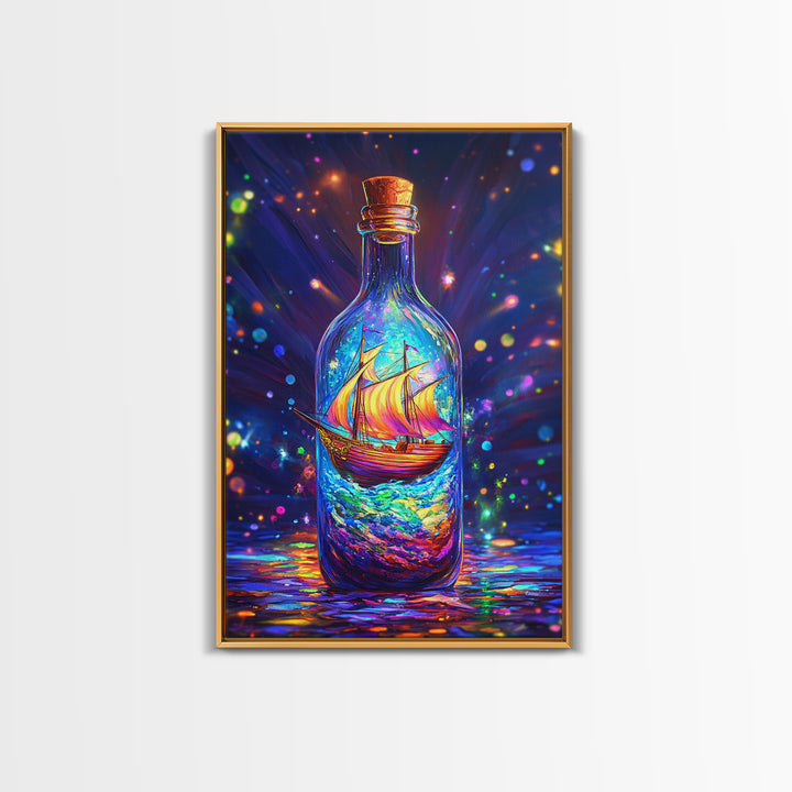 Glowing Ship In A Bottle Framed Canvas Print, Nautical Wall Art, Fantasy Ocean Decor, Coastal Gift For Him Or Her, Statement Artwork