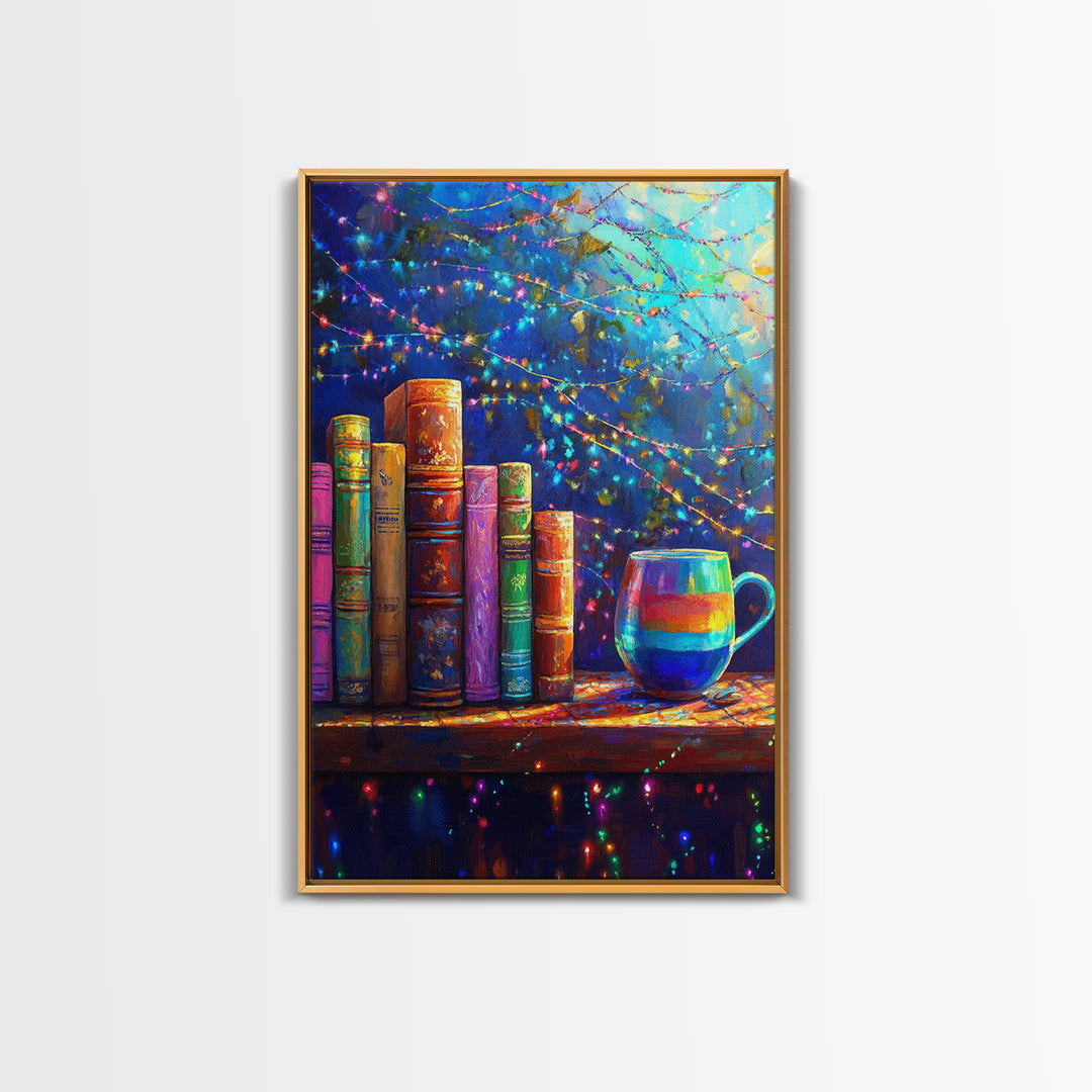 Cozy Books And Rainbow Mug Wall Art, Bookish Library Canvas Print, Reading Nook Decor, Gift For Book Lover, Cozy Home Decor