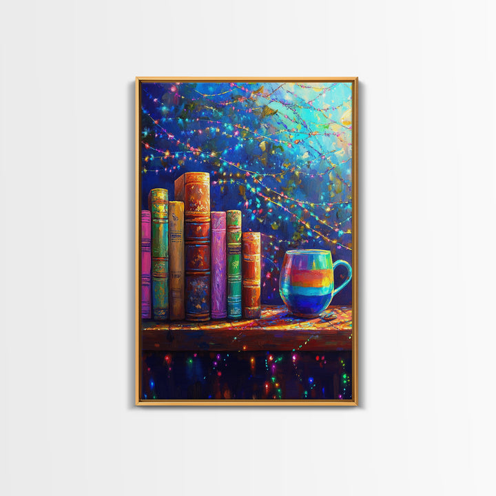 Cozy Books And Rainbow Mug Wall Art, Bookish Library Canvas Print, Reading Nook Decor, Gift For Book Lover, Cozy Home Decor