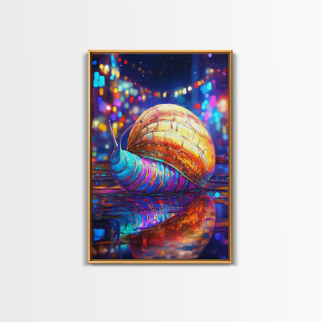 Neon Snail On Rainy Street Wall Art, Whimsical Animal Canvas Print, Cyberpunk City Decor, Funny Gift For Animal Lover, Vibrant Wall Decor