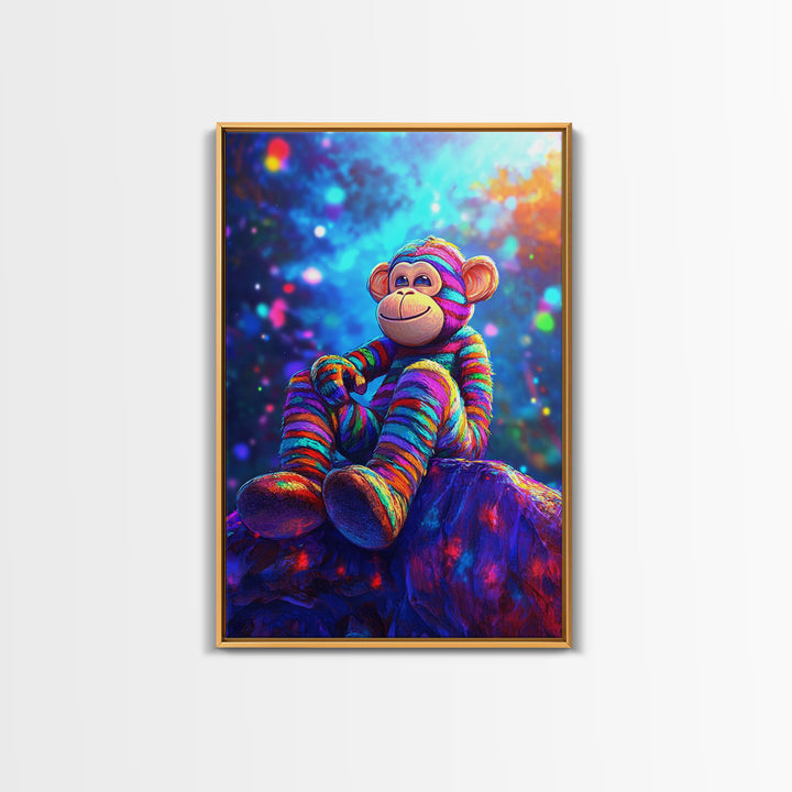Rainbow Sock Monkey On Rock Wall Art, Whimsical Animal Canvas Print, Cute Nursery Decor, Kids Room Decor, Playroom Wall Decor