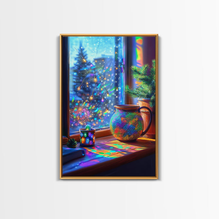 Cozy Winter Window Mug With Twinkle Lights Canvas Print, Christmas Wall Art, Colorful Home Decor, Holiday Kitchen Art Print