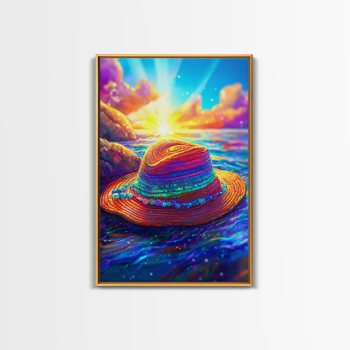 Vibrant Straw Hat Floating On Ocean Sunset Canvas Print, Tropical Beach Wall Art, Coastal Decor, Summer Vacation Gift For Her