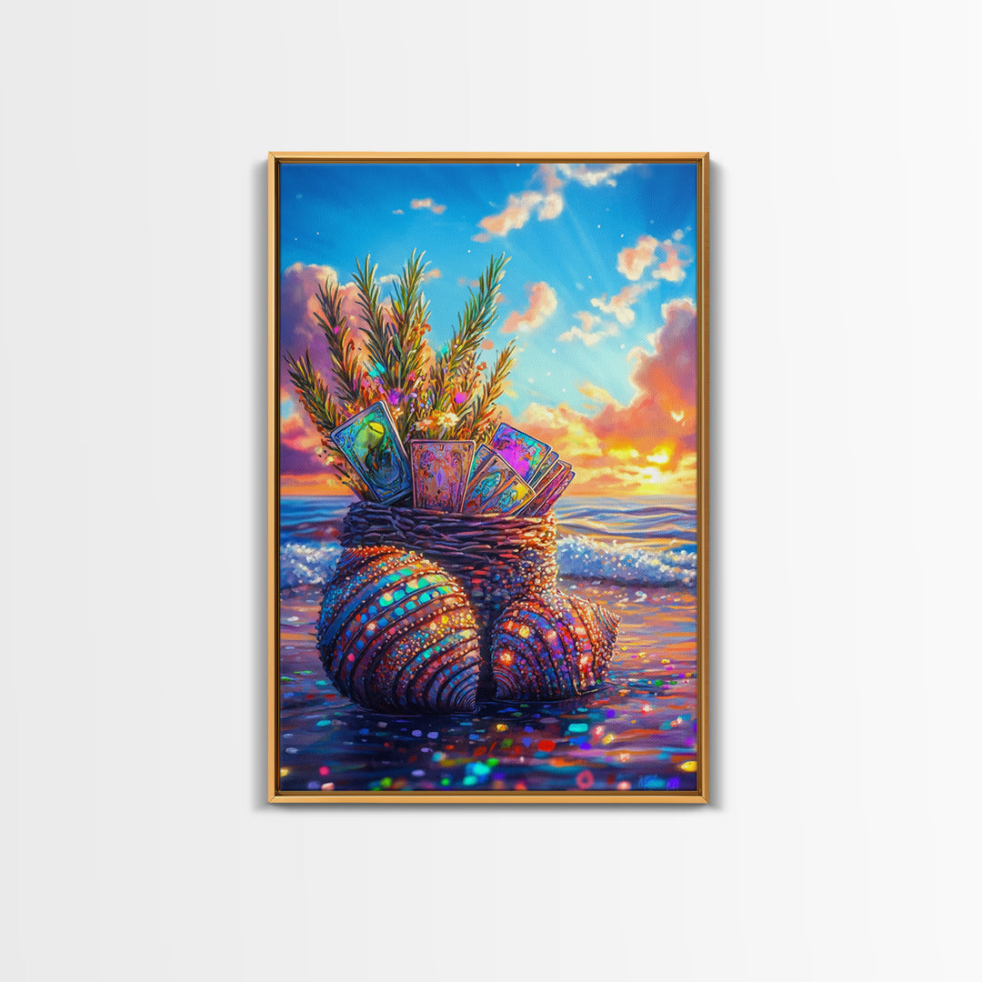 Seashell Basket With Tarot Cards At Sunset Framed Canvas Print, Coastal Wall Art, Beach House Decor, Boho Gift For Her Art