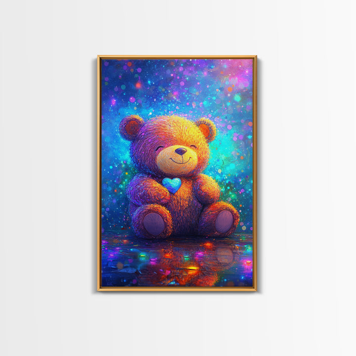 Smiling Teddy Bear With Blue Heart Wall Art, Colorful Nursery Decor, Cute Animal Art, Kids Room Canvas Print, Baby Gift Art