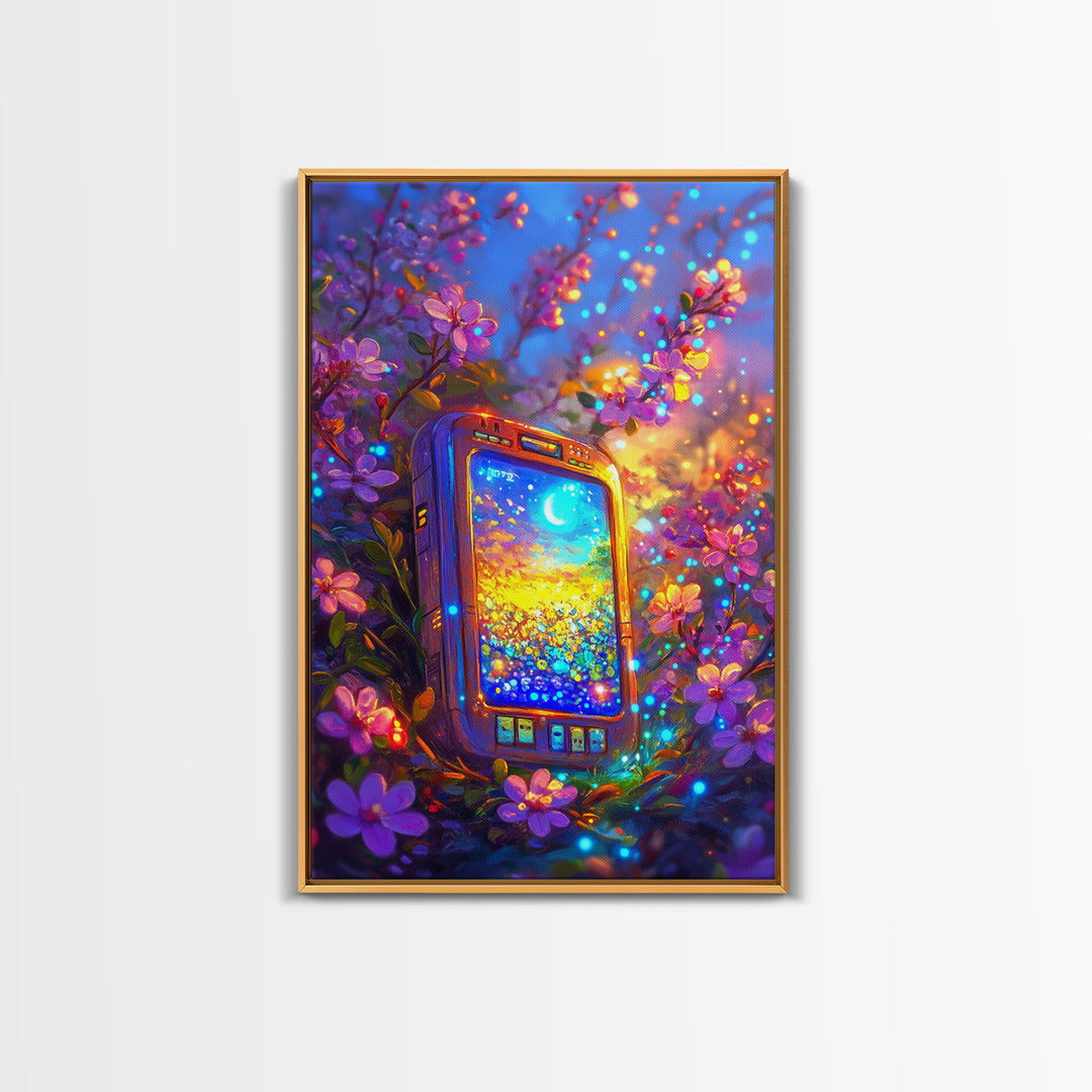 Glowing Phone Among Cherry Blossoms And Moon Wall Art, Celestial Floral Fantasy Canvas Print, Whimsical Nursery Decor Gift