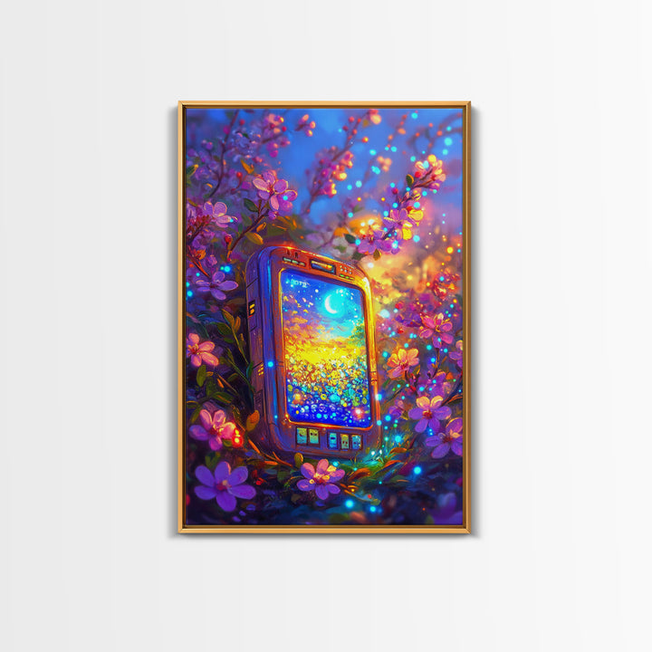 Glowing Phone Among Cherry Blossoms And Moon Wall Art, Celestial Floral Fantasy Canvas Print, Whimsical Nursery Decor Gift