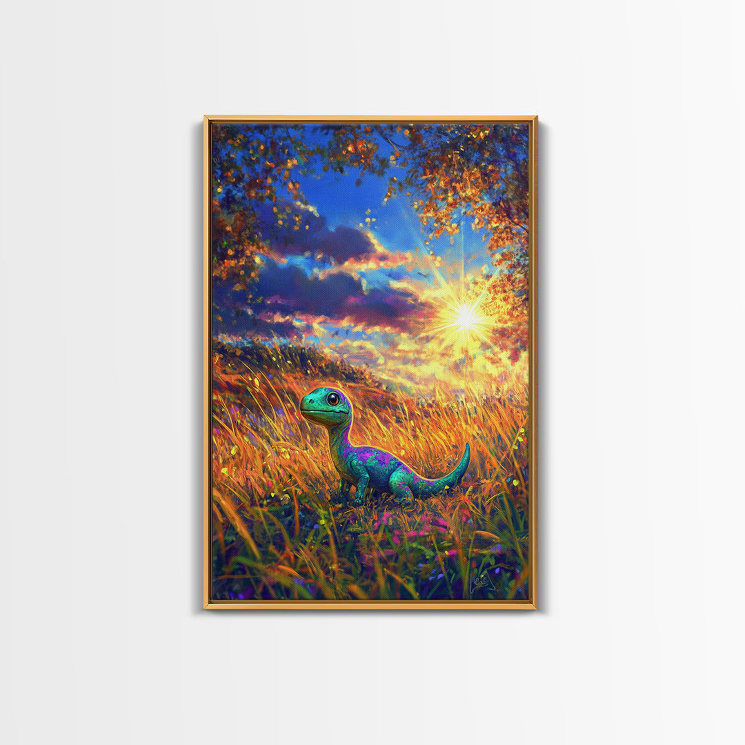 Cute Baby Dinosaur In Golden Meadow Wall Art, Colorful Safari Nursery Canvas Print, Whimsical Kids Room Decor, Unique Gift