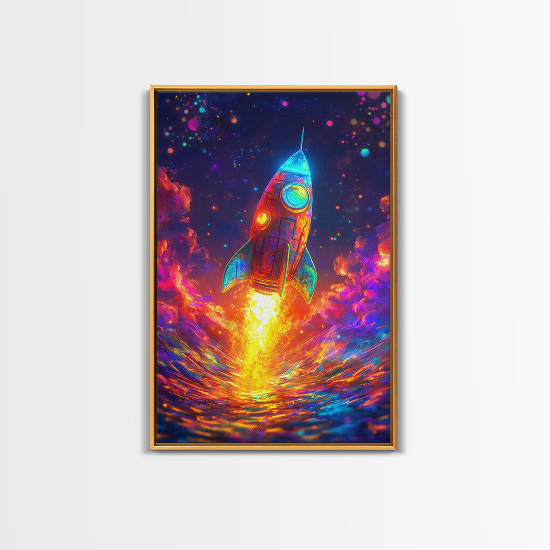 Neon Rocket Launch Over Ocean Wall Art, Colorful Space Decor, Sci Fi Art Print, Futuristic Nursery And Kids Game Room Gift