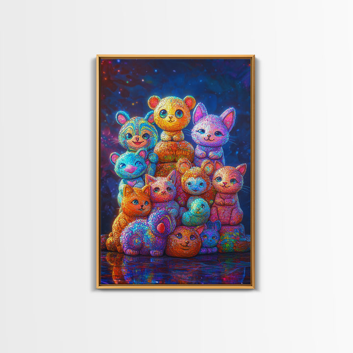 Colorful Plush Animal Friends And Kittens Wall Art, Whimsical Animal Art, Nursery Wall Art, Playroom Decor, Cute Kids Print