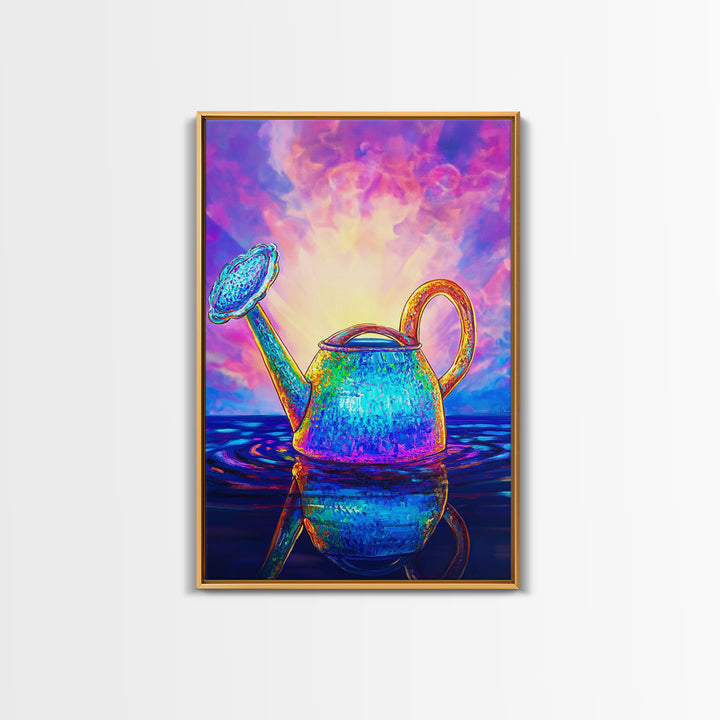Radiant Watering Can At Sunrise Wall Art, Colorful Garden Decor, Whimsical Botanical Art Print, Vibrant Canvas Print Gift
