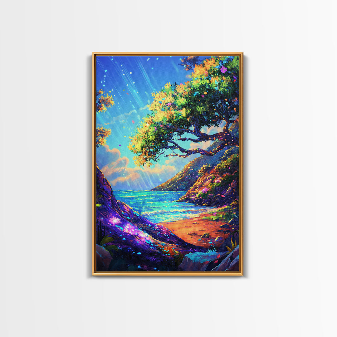 Sunlit Coastal Cove And Tree Wall Art, Vibrant Ocean Landscape Art Print, Tropical Beach House Decor, Large Canvas Print