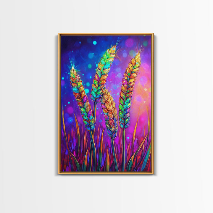 Colorful Wheat Stalks In Light Wall Art, Rustic Farmhouse Decor, Botanical Nature Art Print, Vibrant Kitchen Canvas Print
