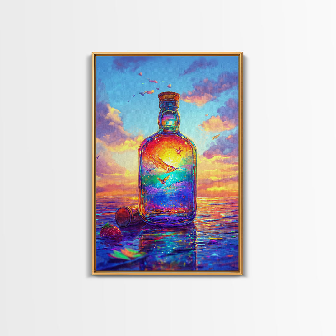 Sunset Ocean In Glass Bottle Wall Art, Surreal Seascape Art Print, Coastal Beach House Decor, Whimsical Canvas Print Gift