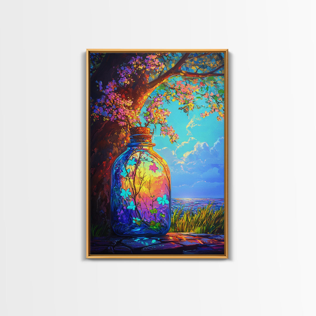 Glowing Jar Under Flowering Tree Wall Art, Whimsical Botanical Landscape, Coastal Nature Decor, Vibrant Canvas Print Gift