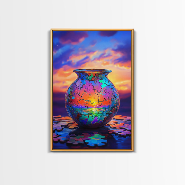 Puzzle Piece Vase With Ocean Sunset Canvas Print, Colorful Wall Art, Whimsical Seascape, Living Room Coastal Home Decor Gift