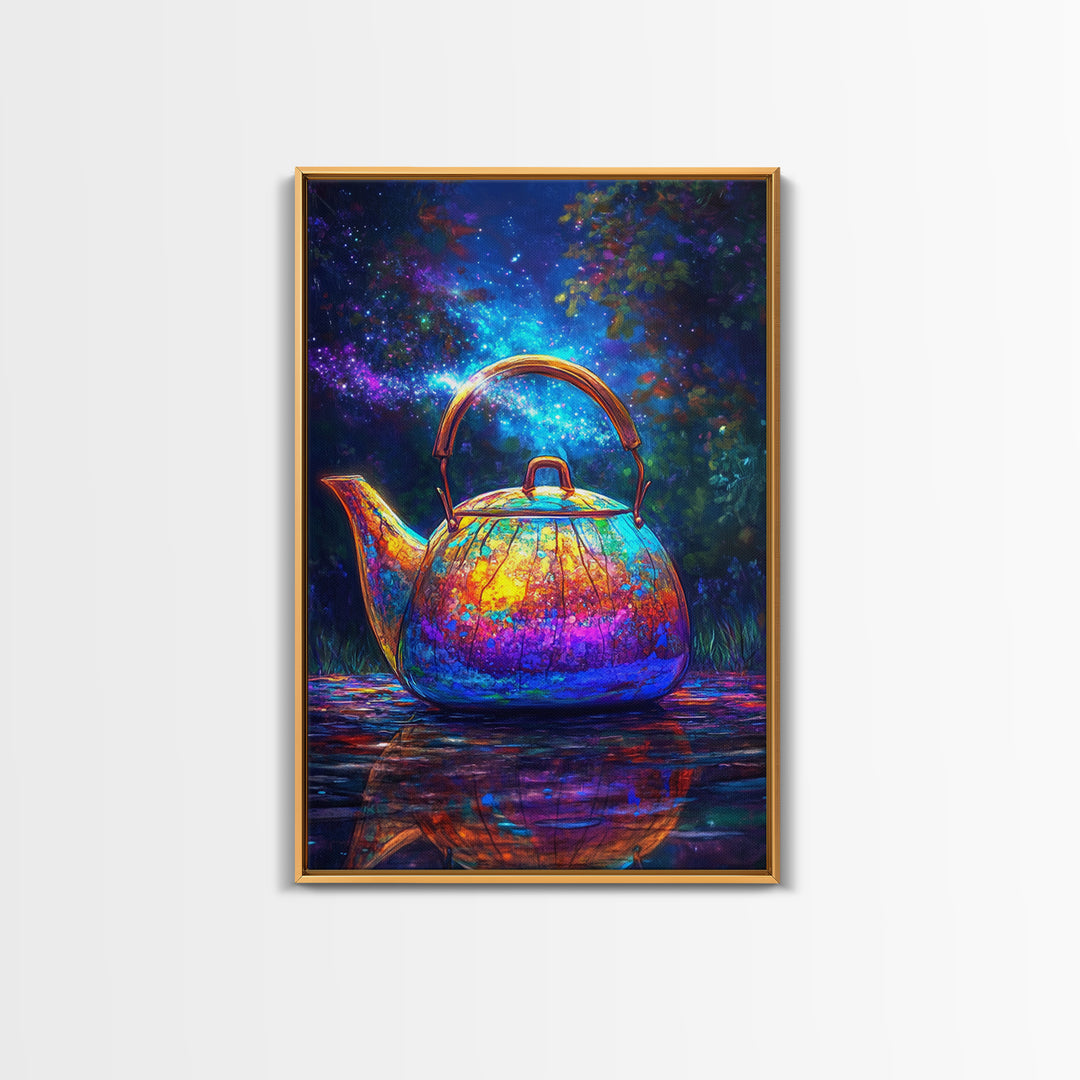 Cosmic Rainbow Teapot Under Stars Canvas Print, Whimsical Kitchen Wall Art, Unique Tea Lover Gift, Colorful Home Decor Print