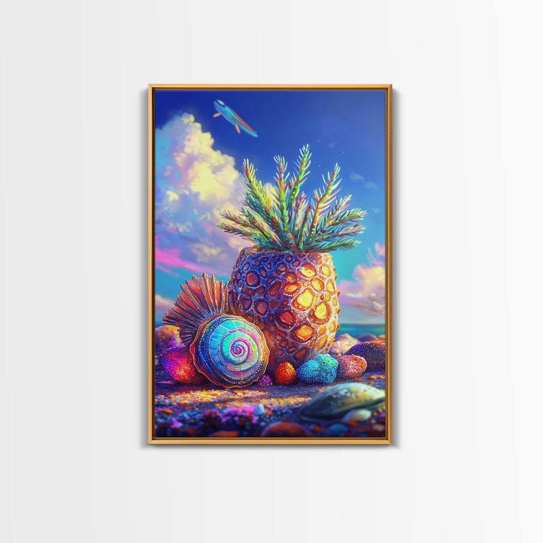 Surreal Pineapple And Seashell Canvas Print, Tropical Beach Wall Art, Colorful Coastal Decor, Whimsical Kitchen Art Print