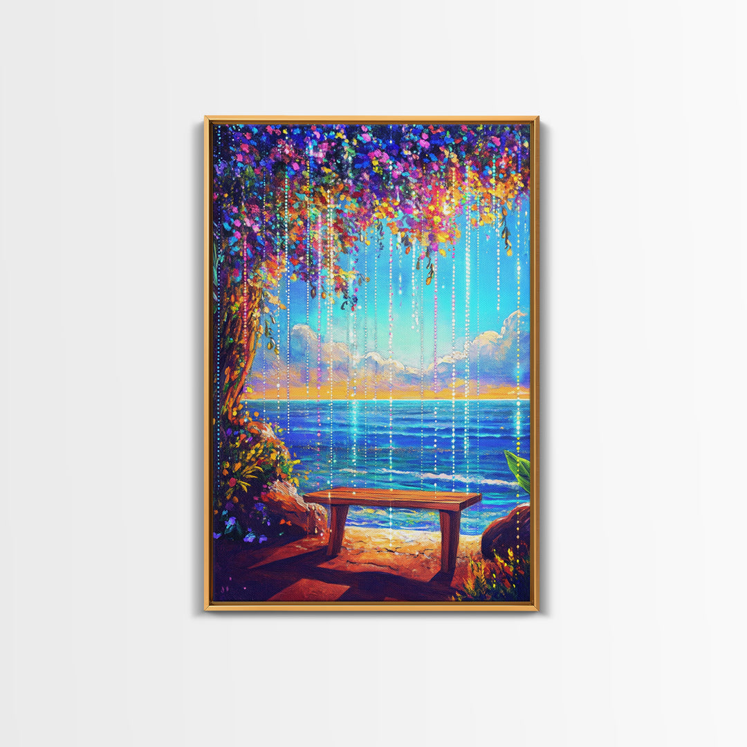 Flower Canopy Ocean Bench Framed Canvas Print, Coastal Wall Art, Tropical Beach House Decor, Romantic Seaside Artwork For Living Room