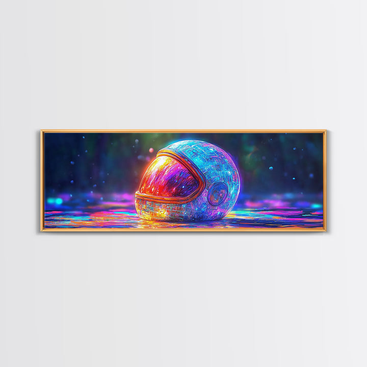 Neon Astronaut Helmet On Cosmic Rain Canvas Print, Futuristic Space Wall Art, Sci Fi Decor, Gamer Room Decor, Gift For Him