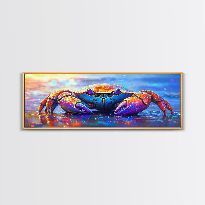 Vibrant Rainbow Crab On Wet Beach Wall Art, Coastal Ocean Animal Art, Colorful Beach House Decor, Nautical Canvas Print Art