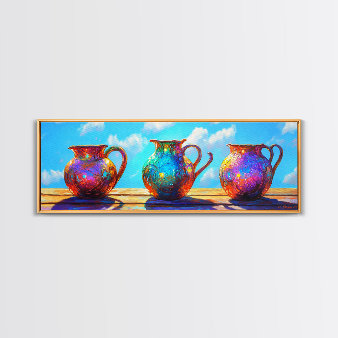 Three Colorful Ceramic Pitchers In Sunlit Courtyard Wall Art, Rustic Kitchen Decor, Mediterranean Canvas Print, Dining Room Art