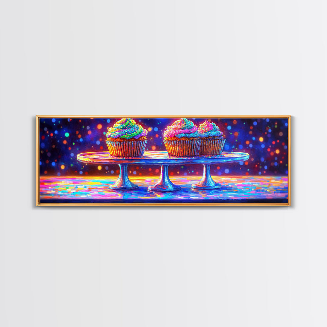 Rainbow Frosted Cupcakes On Glass Cake Stands Wall Art, Bakery Kitchen Decor, Dessert Art Print, Colorful Canvas Print Gift