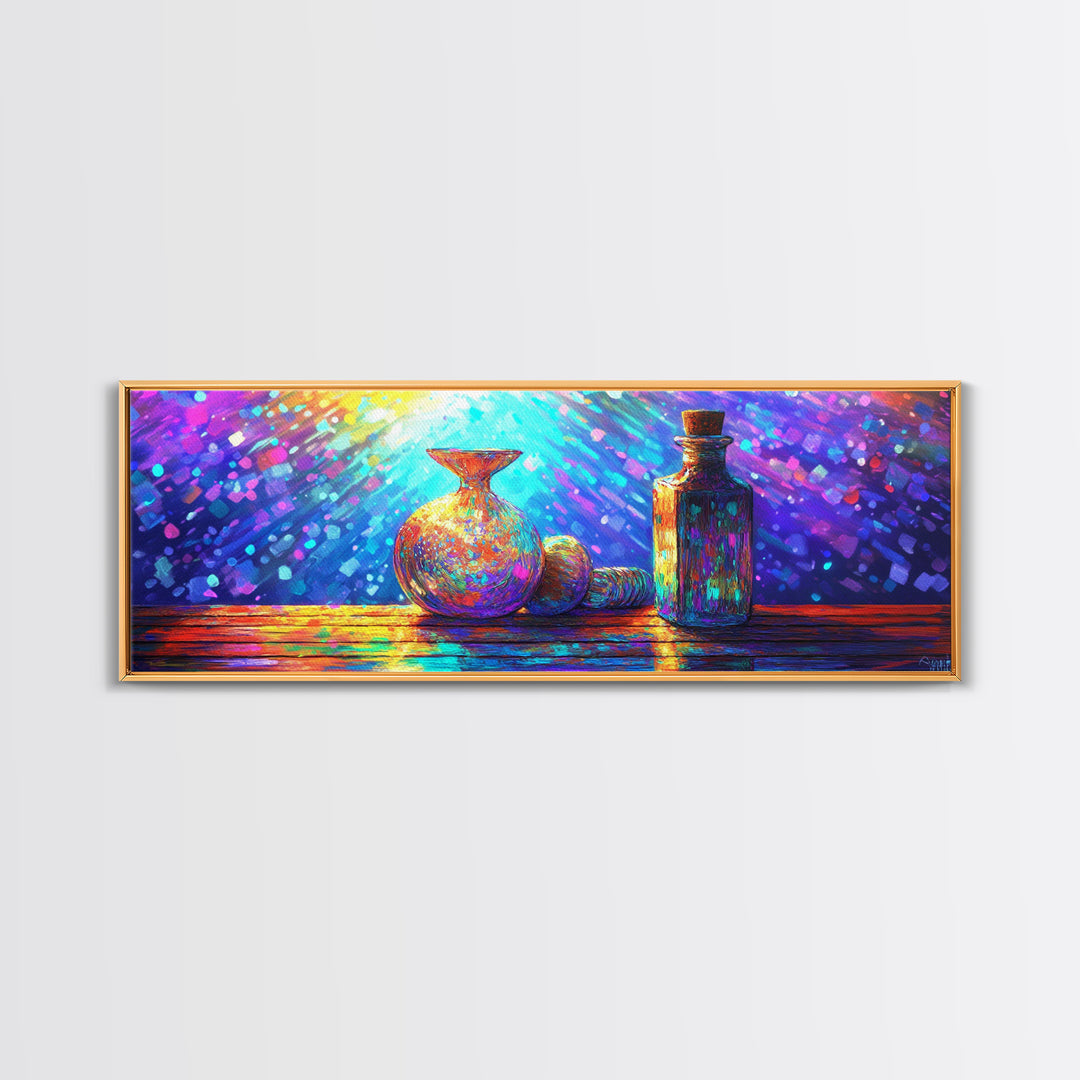 Radiant Glass Vase And Bottle Still Life Wall Art, Colorful Kitchen Decor, Modern Eclectic Art, Framed Canvas Print Gift