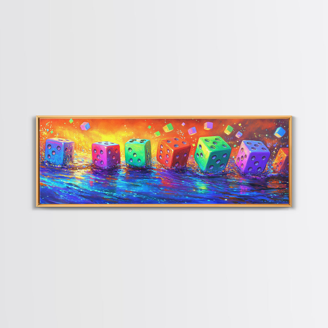 Row Of Rainbow Dice On Reflective Table Canvas Print, Game Room Wall Art, Colorful Wall Decor, Gamer Gift, Modern Wall Art