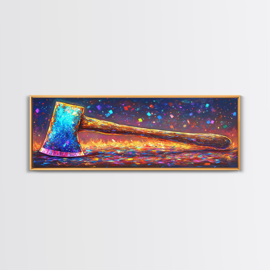 Vibrant Rainbow Axe On Glittering Ground Canvas Print, Rustic Wall Art, Garage Decor, Man Cave Decor, Unique Gift For Him