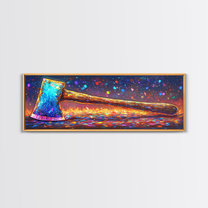 Vibrant Rainbow Axe On Glittering Ground Canvas Print, Rustic Wall Art, Garage Decor, Man Cave Decor, Unique Gift For Him